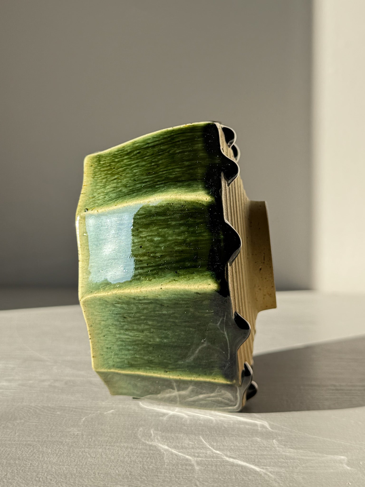 Faceted Matcha Bowl - Hinoki #03 with deep green glaze and carved lines, showcasing unique design from the Hinoki Series.