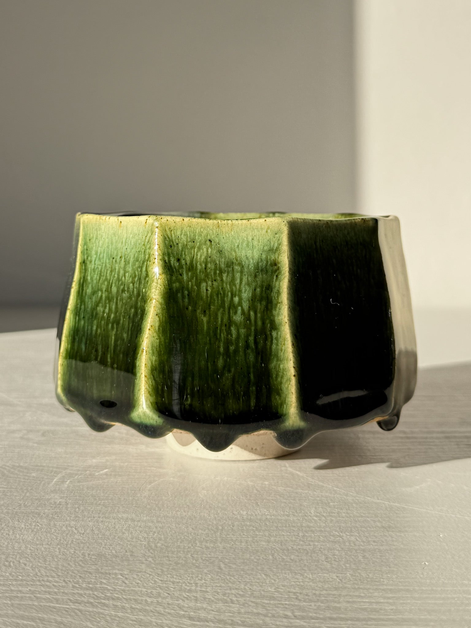 Faceted Matcha Bowl - Hinoki #02 with deep green glaze drips and hand-carved facets, part of the Hinoki Series.