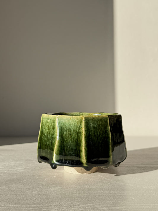Faceted Matcha Bowl - Hinoki #02 with deep green glaze and hand-carved facets, part of the Hinoki Series, flared rim and lifted foot design.
