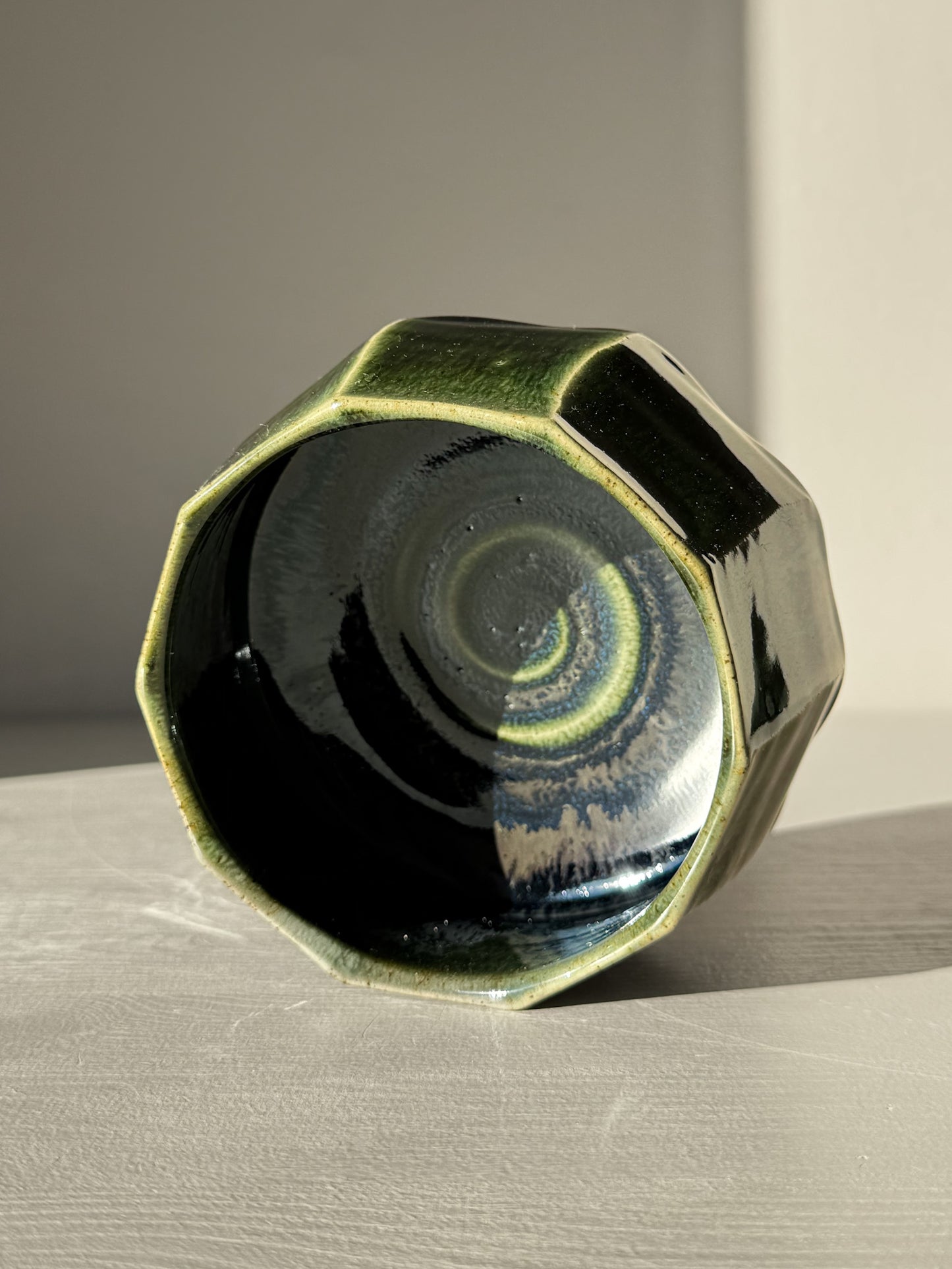 Faceted Matcha Bowl - Hinoki #03 with deep green glaze and hand-carved facets reflecting light