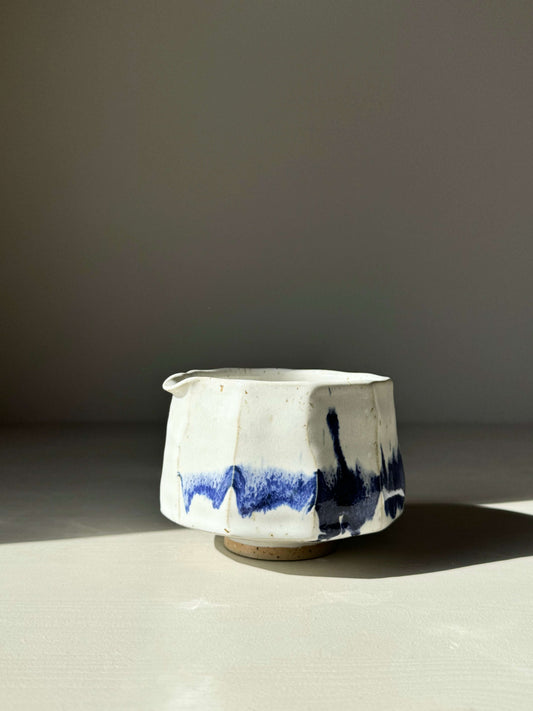Faceted Matcha Bowl with Spout featuring cobalt blue and glossy white glaze, modern and textured design, product number 03.