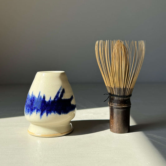 Gosu Matcha Whisk Holder handmade ceramic with bamboo whisk and cobalt blue glaze