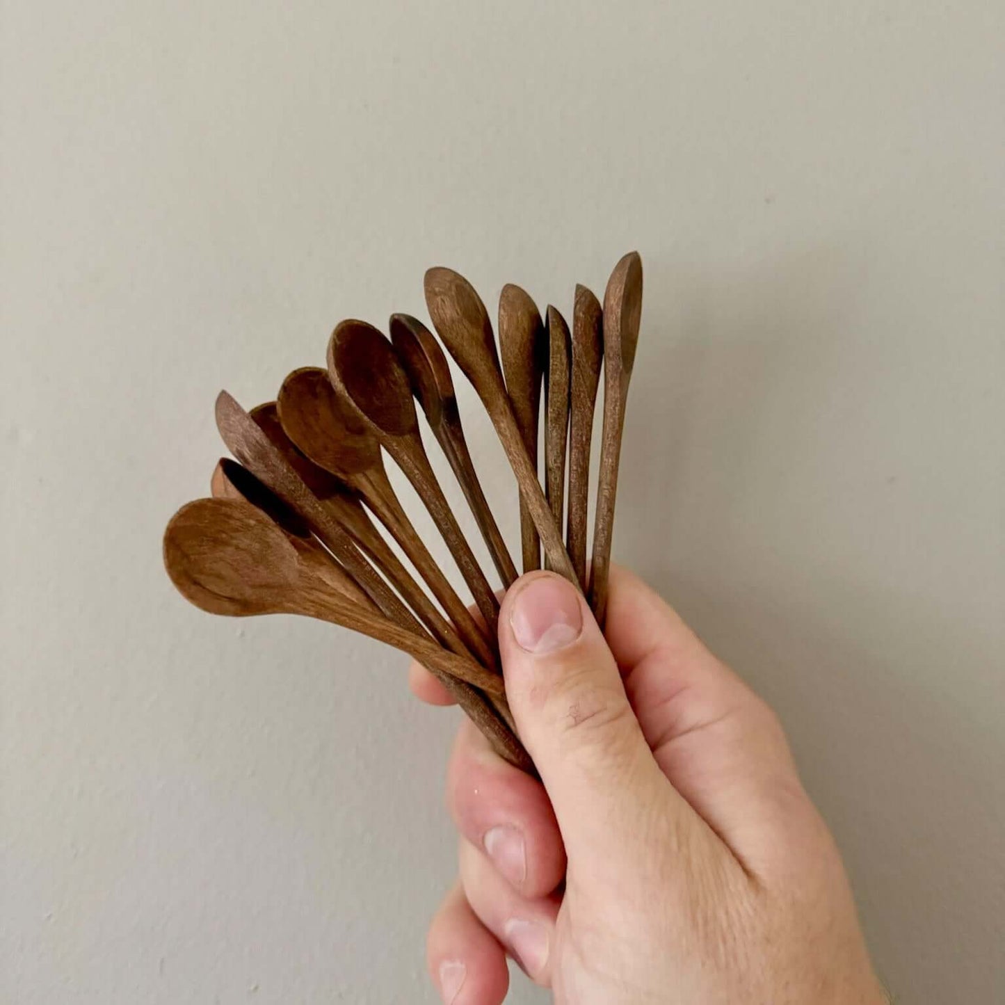 Hand holding hand carved walnut wooden tea spoons from Marrakach