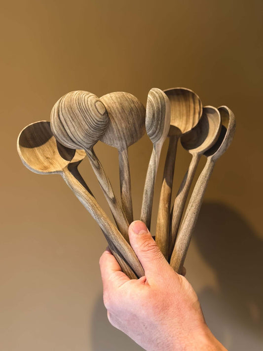 Hand carved walnut wooden serving spoons handmade in Marrakech