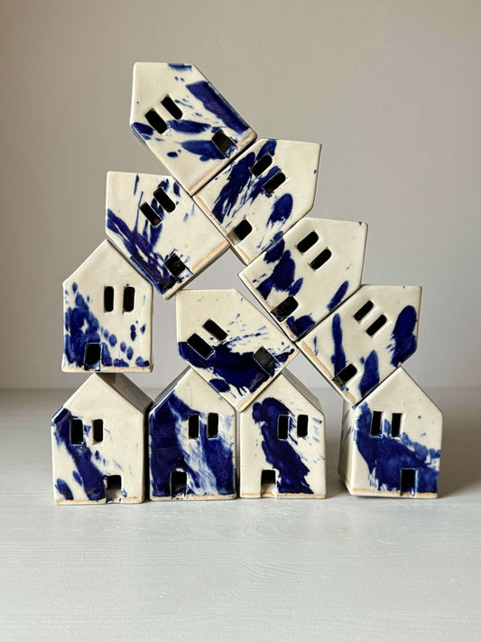 Handbuilt Ceramic Houses – Gosu Series with cobalt blue splashes, handmade ceramic decorative pieces