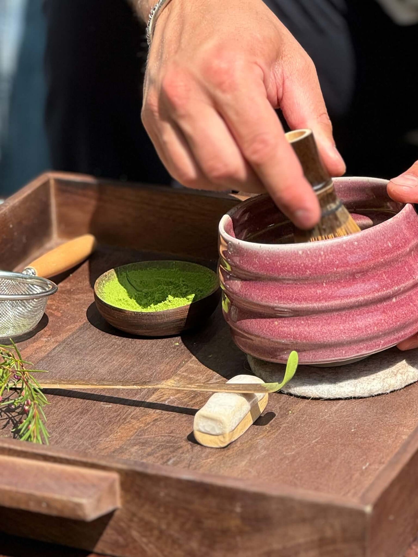 Small Walnut Wood Bowls with handmade ceramic tea set, capturing the essence of Marrakech elegance and natural uniqueness.