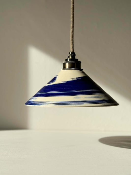 Handmade ceramic lamp shade with cobalt blue accents from Gosu Series #07, featuring unique hand-brushed design and glossy finish.