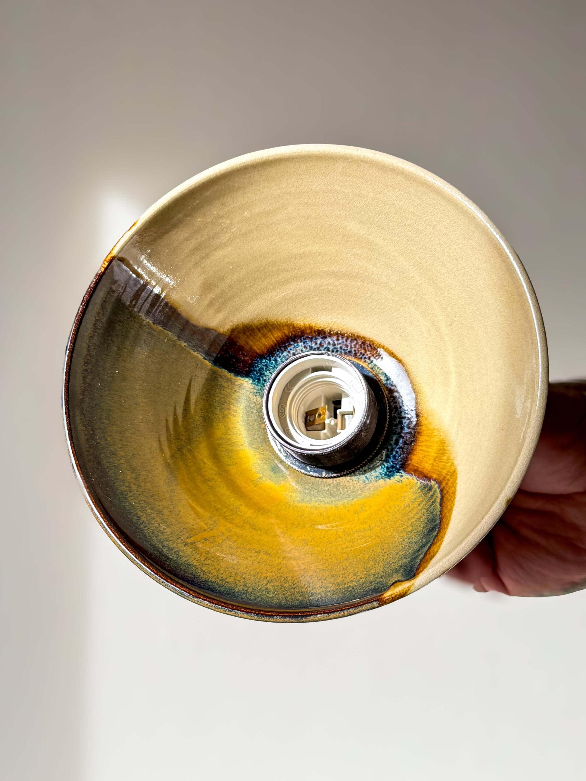 Ceramic Lamp Shade – Inyo #01 handmade ceramic with bronze, amber, and blue glaze inside, natural finish outside.