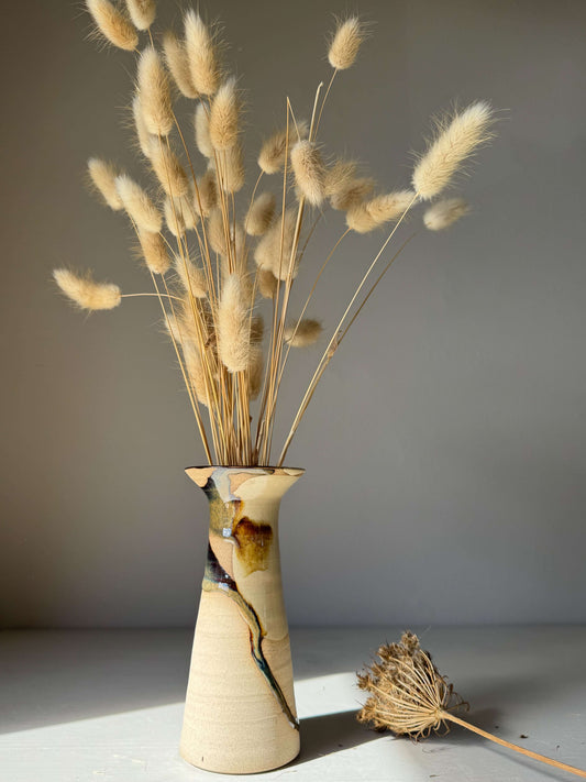 Medium Vase – Inyo Series #03 handmade ceramic vase with dried flowers, showcasing unique glaze and sculptural silhouette.