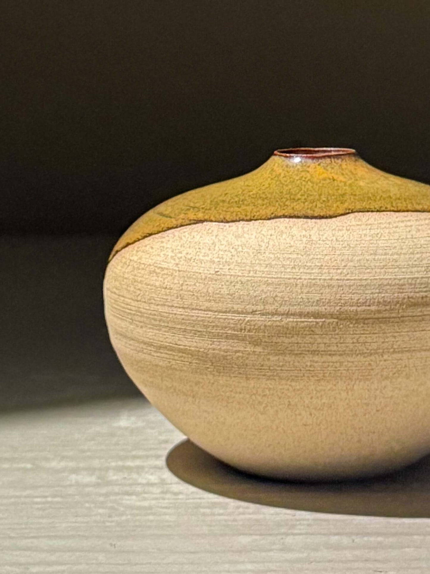 Orb Vase – Tenmoku #16, handmade ceramics with soft spherical form and unique glaze patterns.