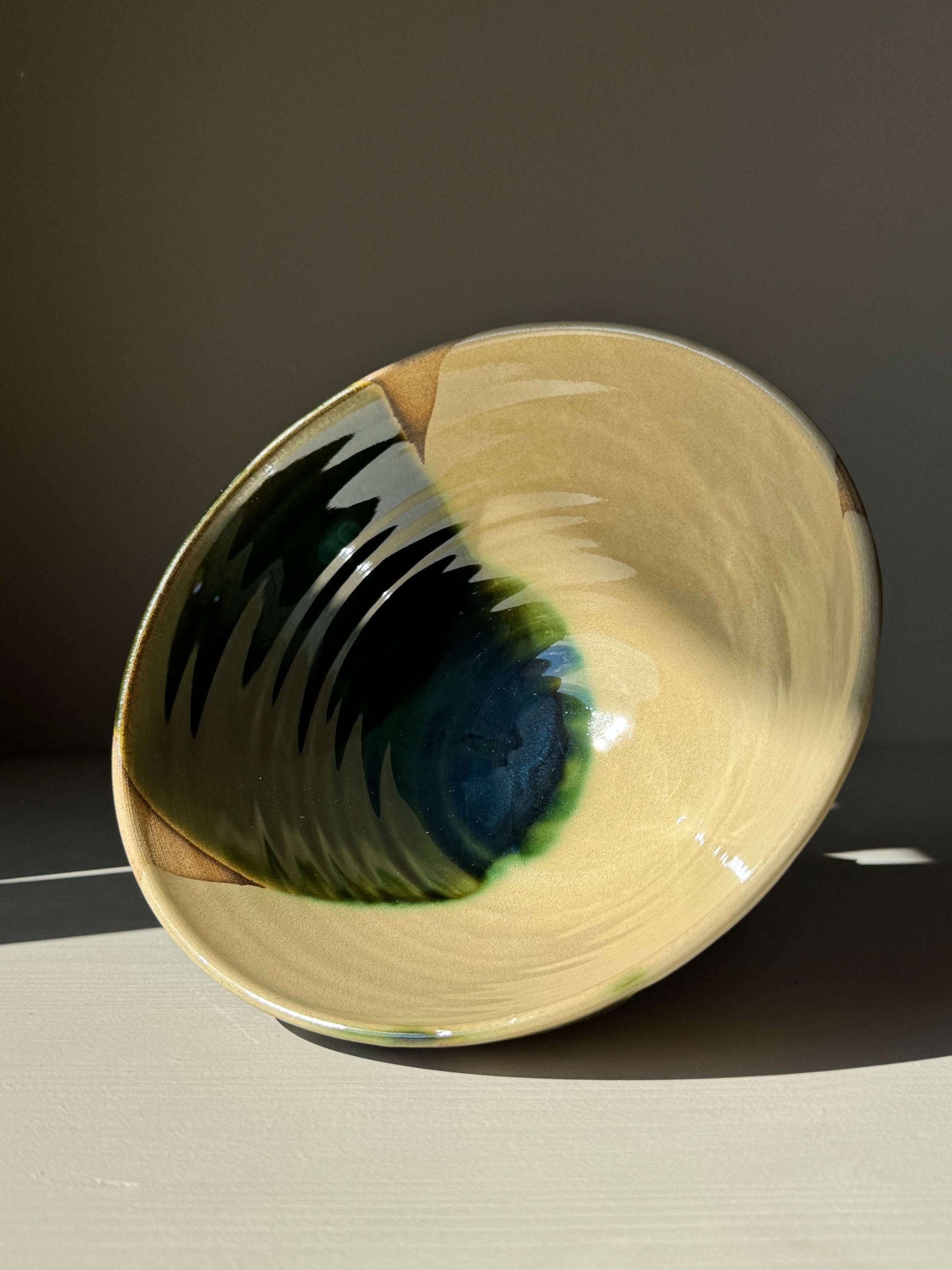 Ramen Bowl - Mori handmade ceramic with flowing green glaze in shades of moss and deep forest tones, featuring a steady base.