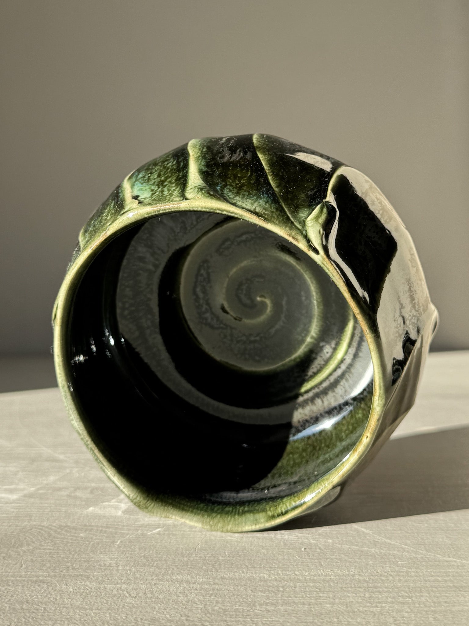 Textured Matcha Bowl - Hinoki #13 with green glaze and spiral design, part of the Hinoki Series, perfect for peaceful matcha rituals.