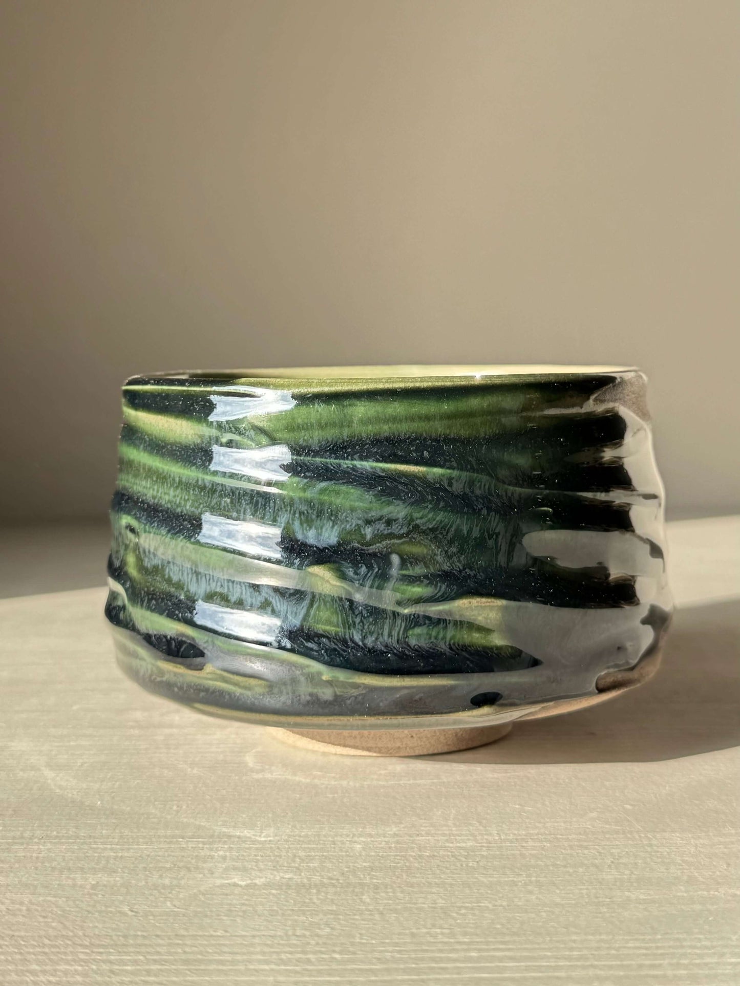 Textured Matcha Bowl – Mori #02 handmade ceramic with organic texture and forest-green glaze.