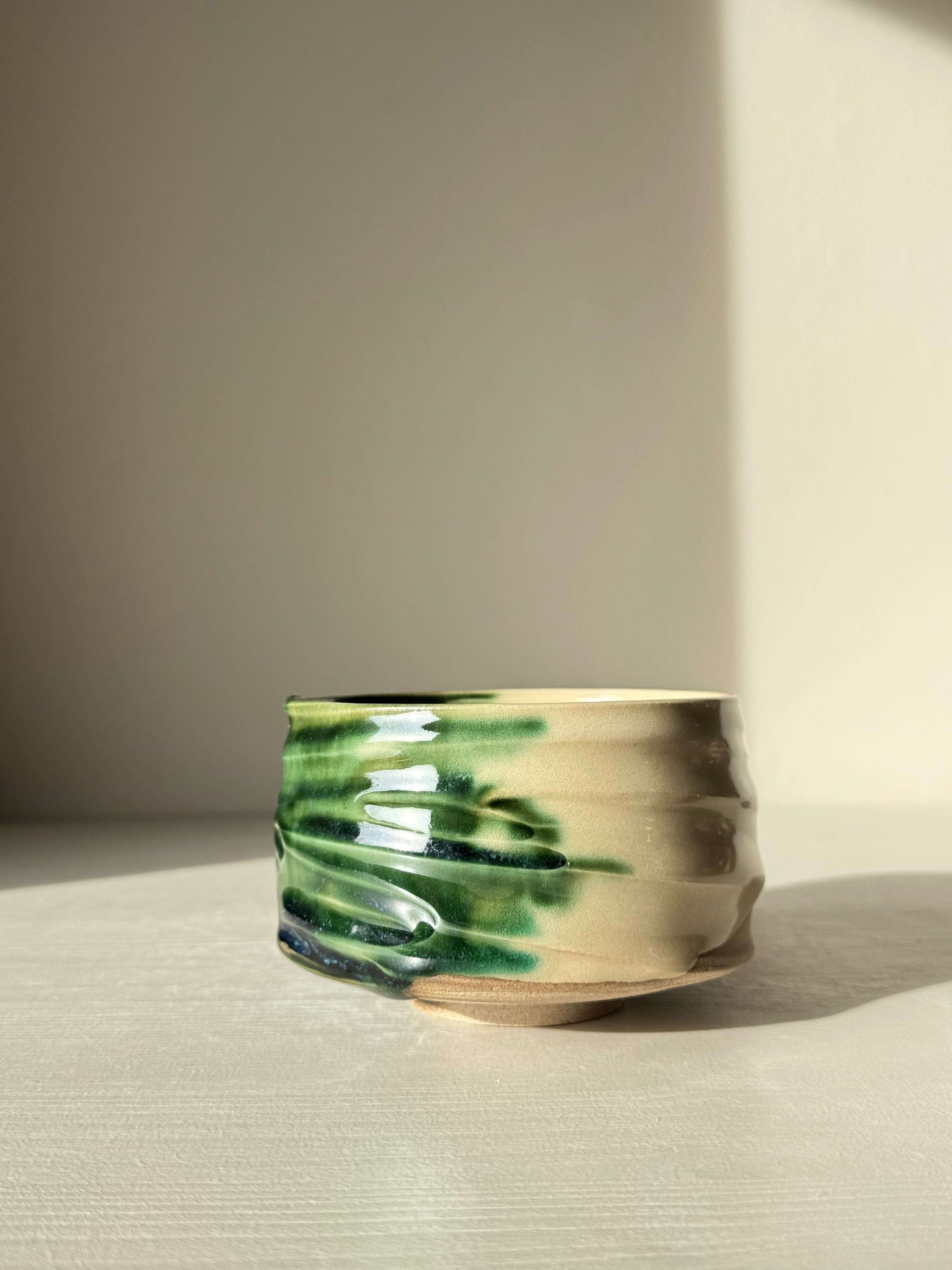 Textured Matcha Bowl – Mori #01 with organic handmade ceramic design and forest-green glossy glaze.