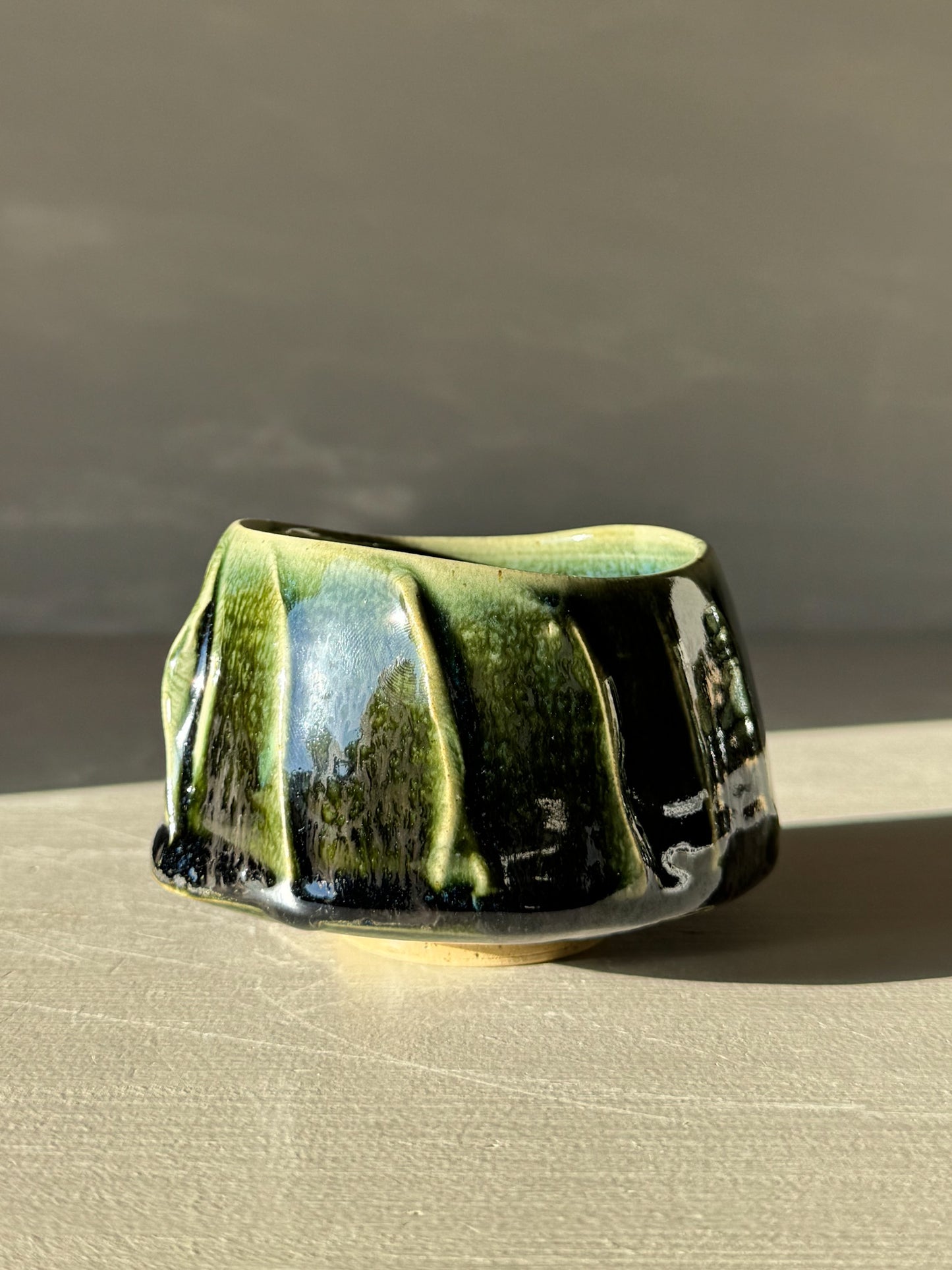 Yunomi Cup - Hinoki #09 featuring deep green glaze with textured slip decoration and unique handmade design for everyday tea moments.