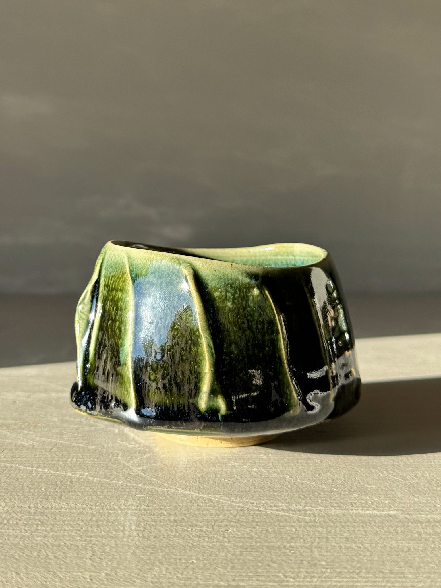 Yunomi Cup - Hinoki #09 featuring deep green glaze with textured slip decoration and unique handmade design for everyday tea moments.