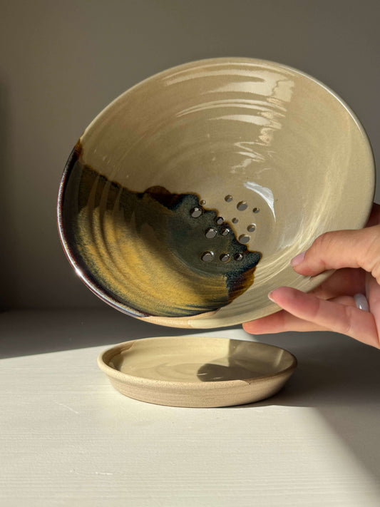 Handmade ceramic Berry Bowl - Inyo Series with tenmoku glaze and matching drip plate, ideal for rinsing and serving fresh berries.