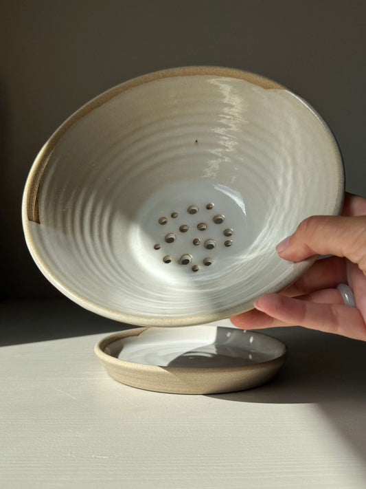 Berry Bowl - Yuki Series handmade ceramic with drip plate and soft white glaze over toffee clay for rinsing fruit.