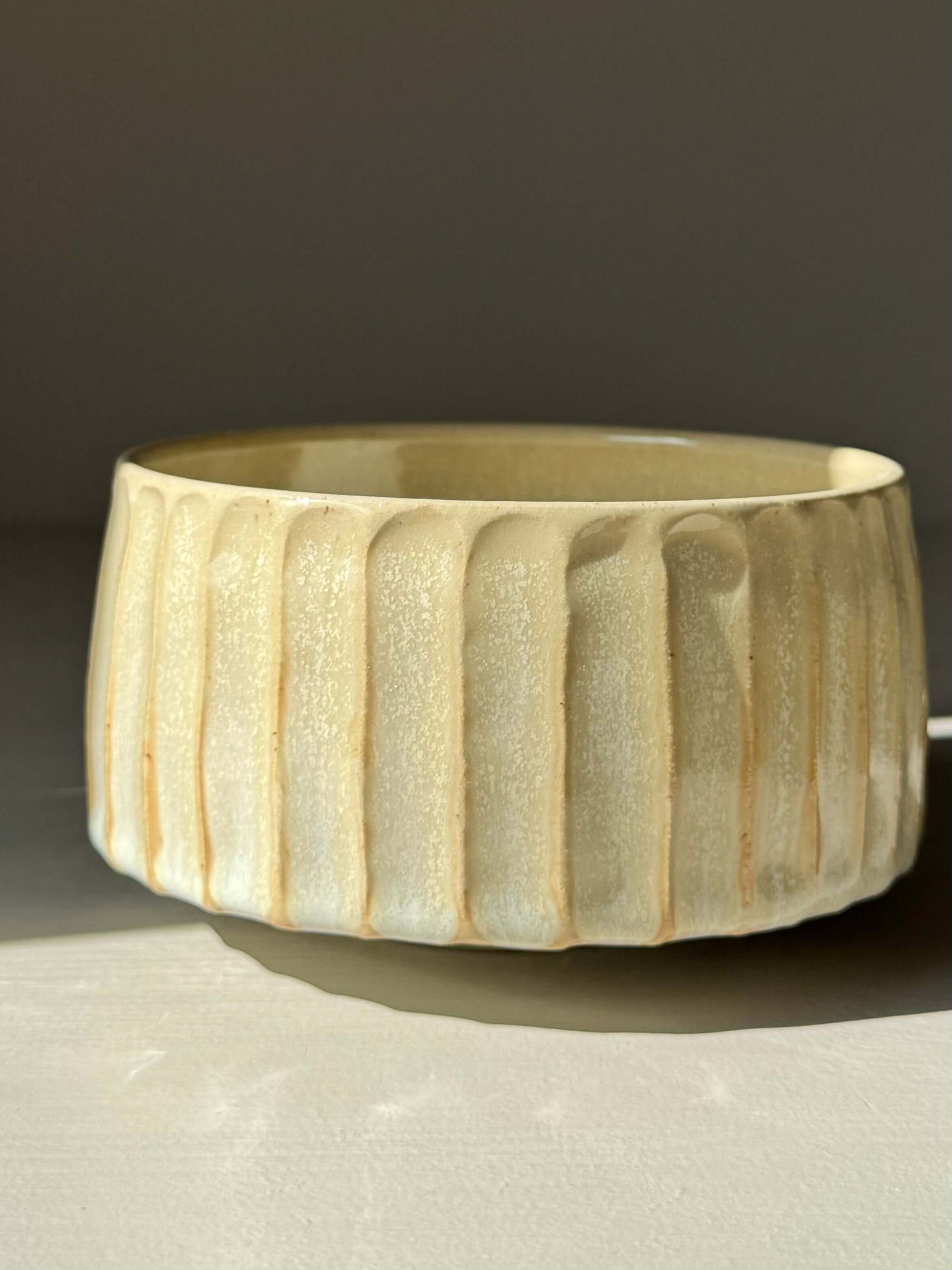 Handmade ceramic Carved Matcha Bowl – Moonstone Glaze #01 with intricate hand-cut grooves in pale moonstone finish.