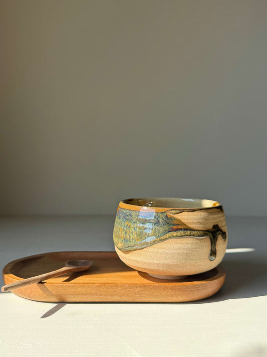 Handmade ceramic Coffee cups - Inyo Series with contrasting glazes on a wooden tray