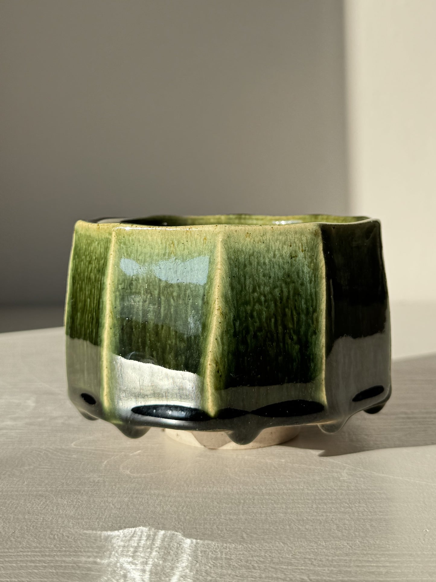 Faceted Matcha Bowl - Hinoki #01 with deep green glaze and hand-carved facets