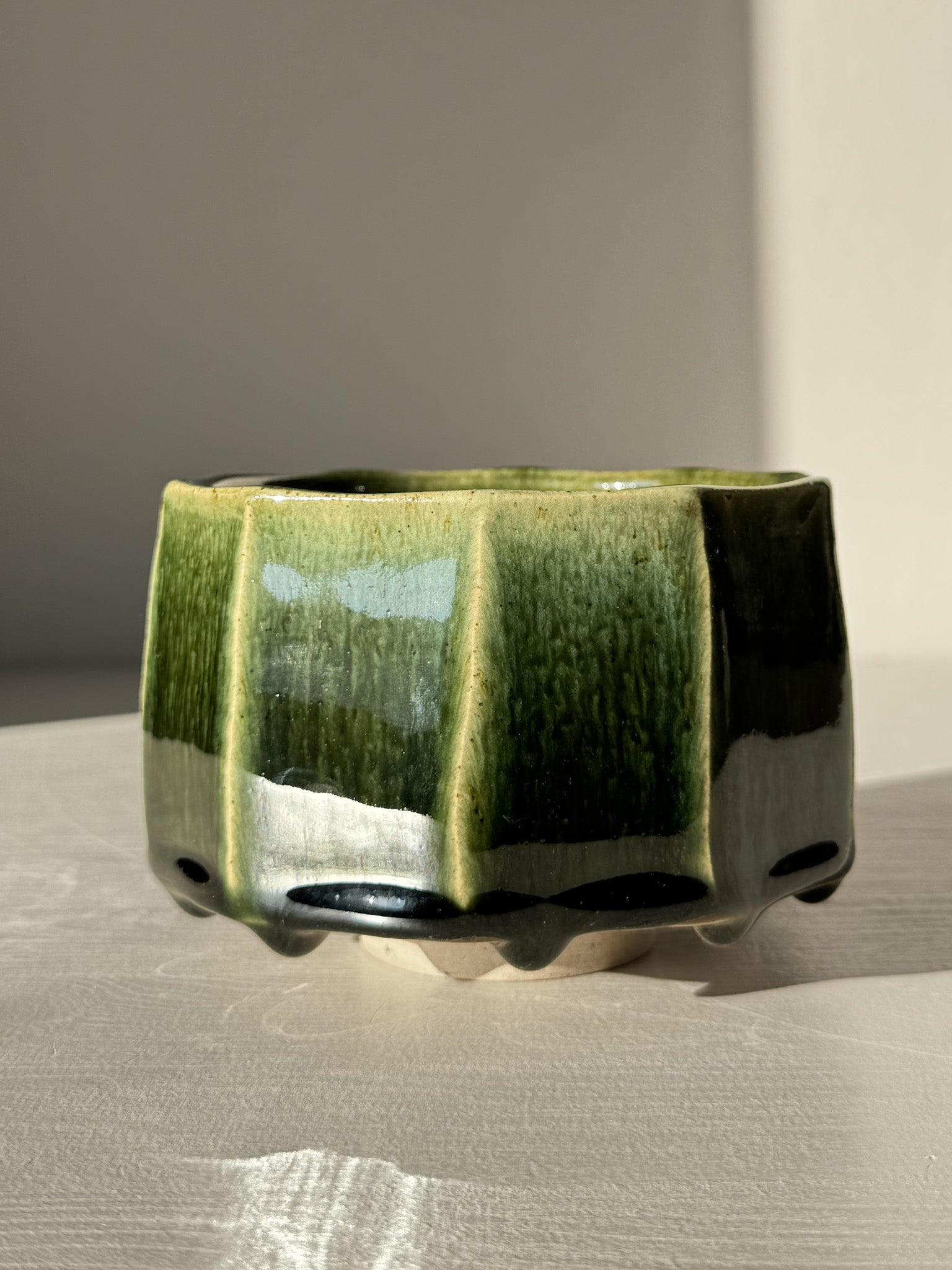 Faceted Matcha Bowl - Hinoki #01 with deep green glaze and hand-carved facets