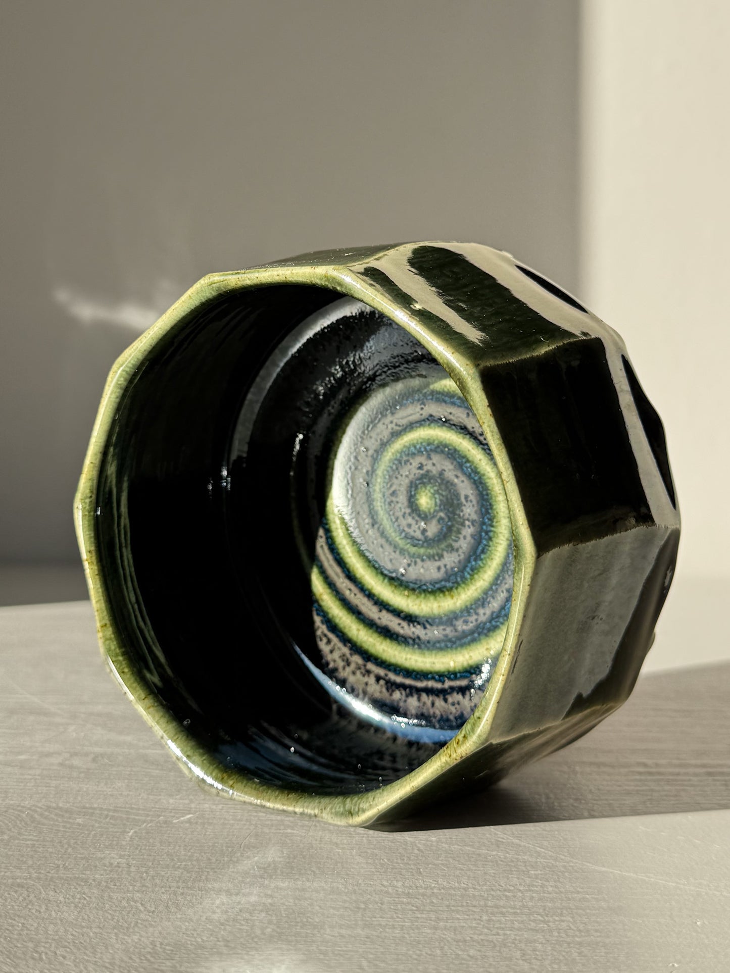 Faceted Matcha Bowl - Hinoki #02 with deep green glaze and carved facets catching light