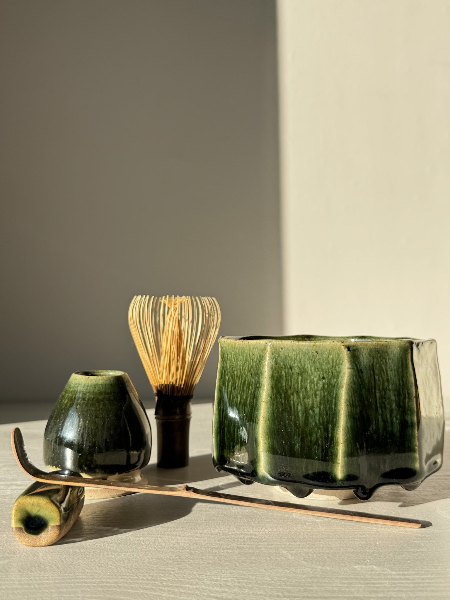 Faceted Matcha Bowl - Hinoki #01 with deep green glaze and tea accessories