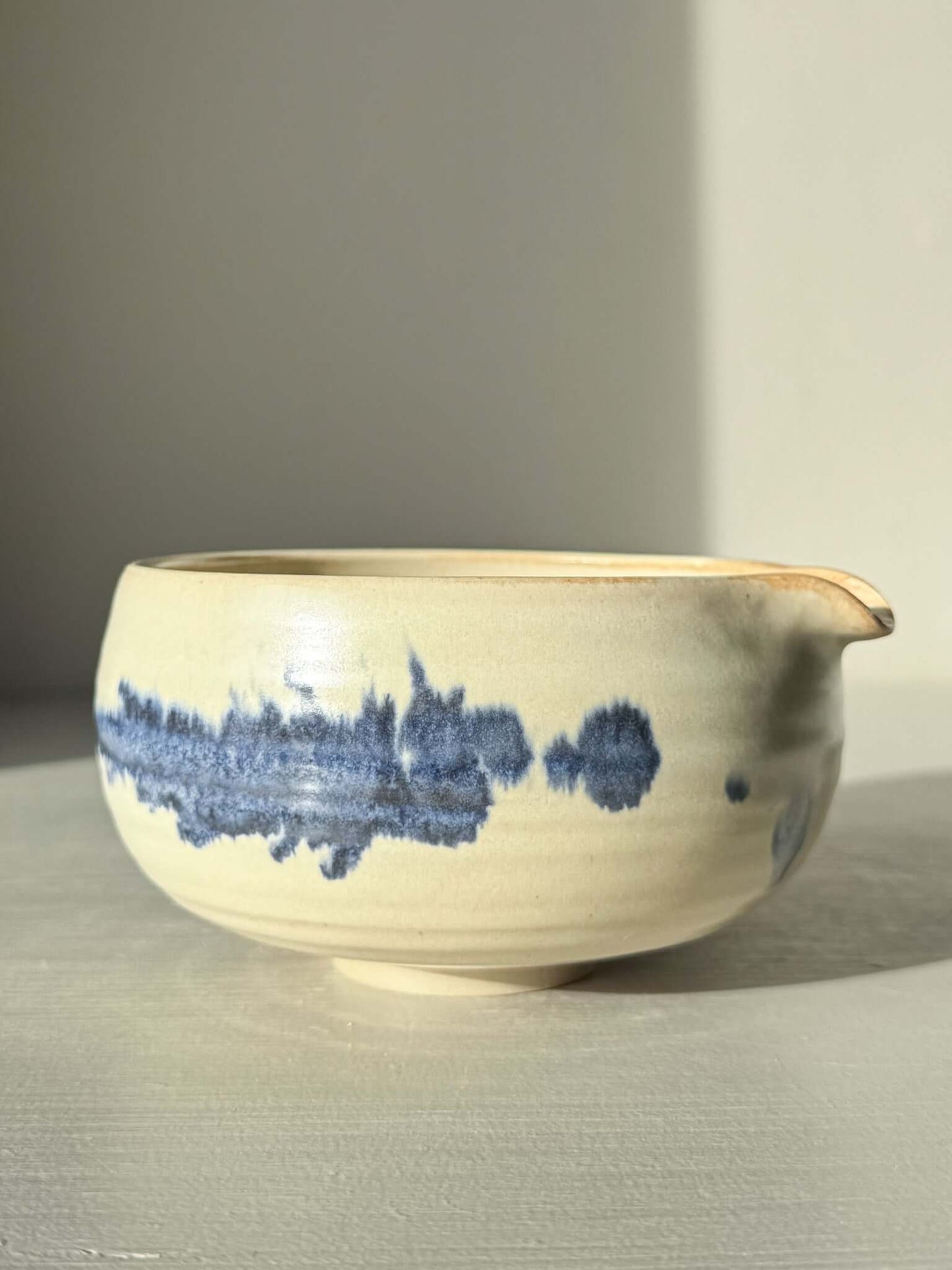 Matcha Bowl with Spout - Moonstone & Blue featuring classic Japanese katakuchi design with cobalt blue and moonstone glaze.