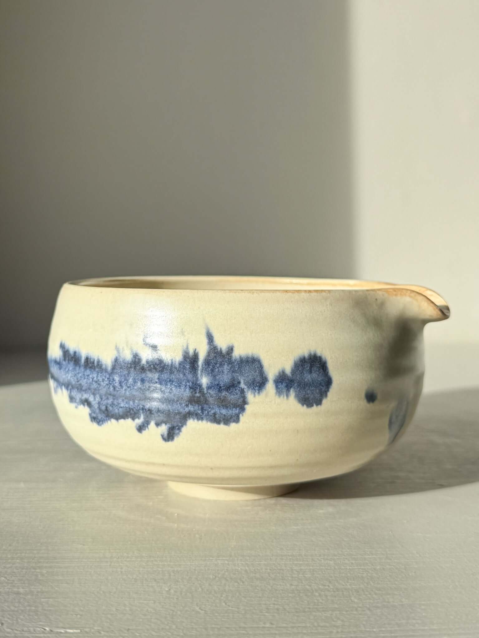 Matcha Bowl with Spout - Moonstone & Blue featuring classic Japanese katakuchi design with cobalt blue and moonstone glaze.