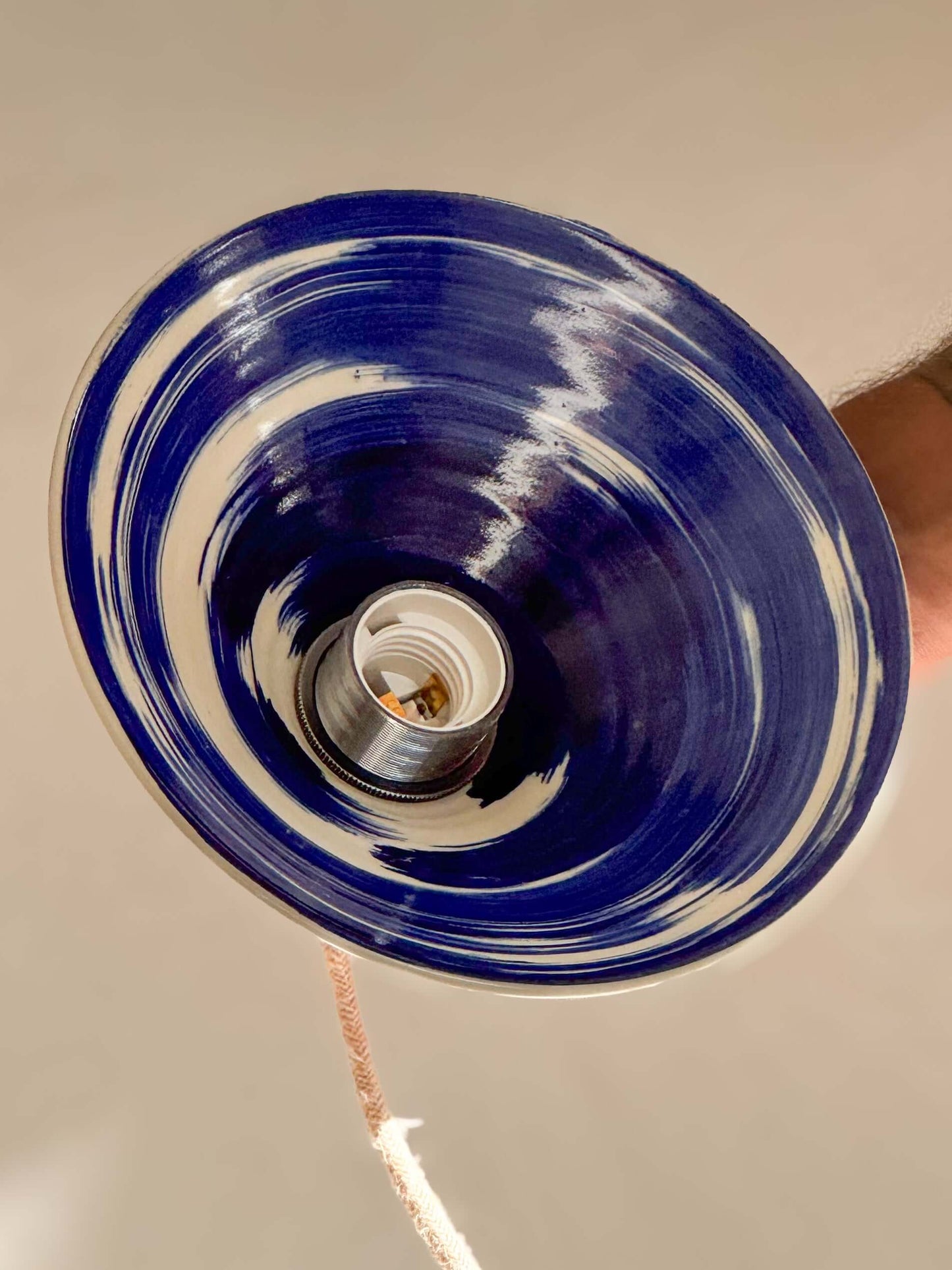 Handmade Ceramic Lamp Shade – Gosu #07 with cobalt blue accents, hand thrown, showcasing unique artisanal design.