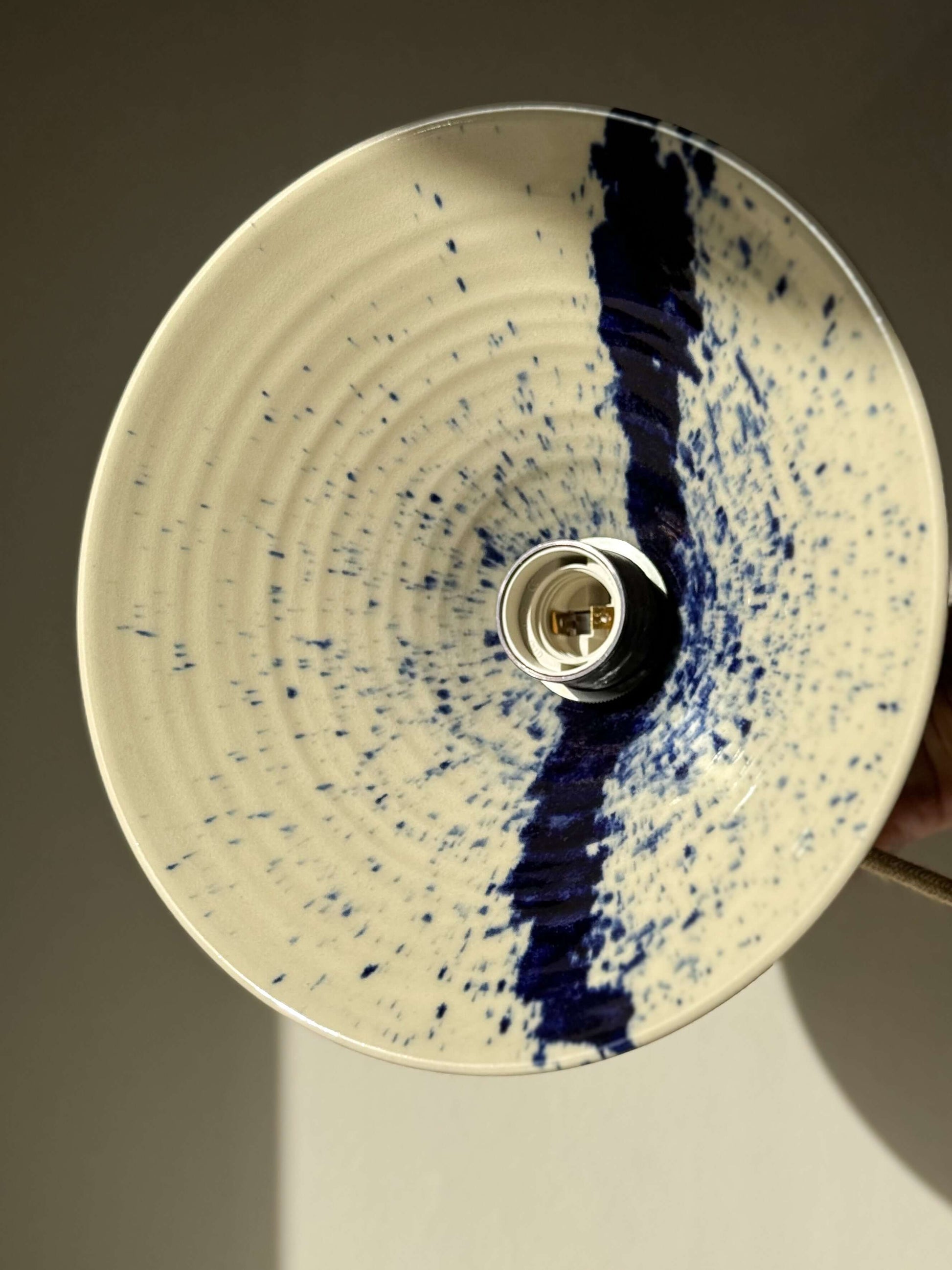 Gosu Series #05 ceramic lamp shade with cobalt blue accents, handmade and hand-splashed design, showcasing unique artistic style.