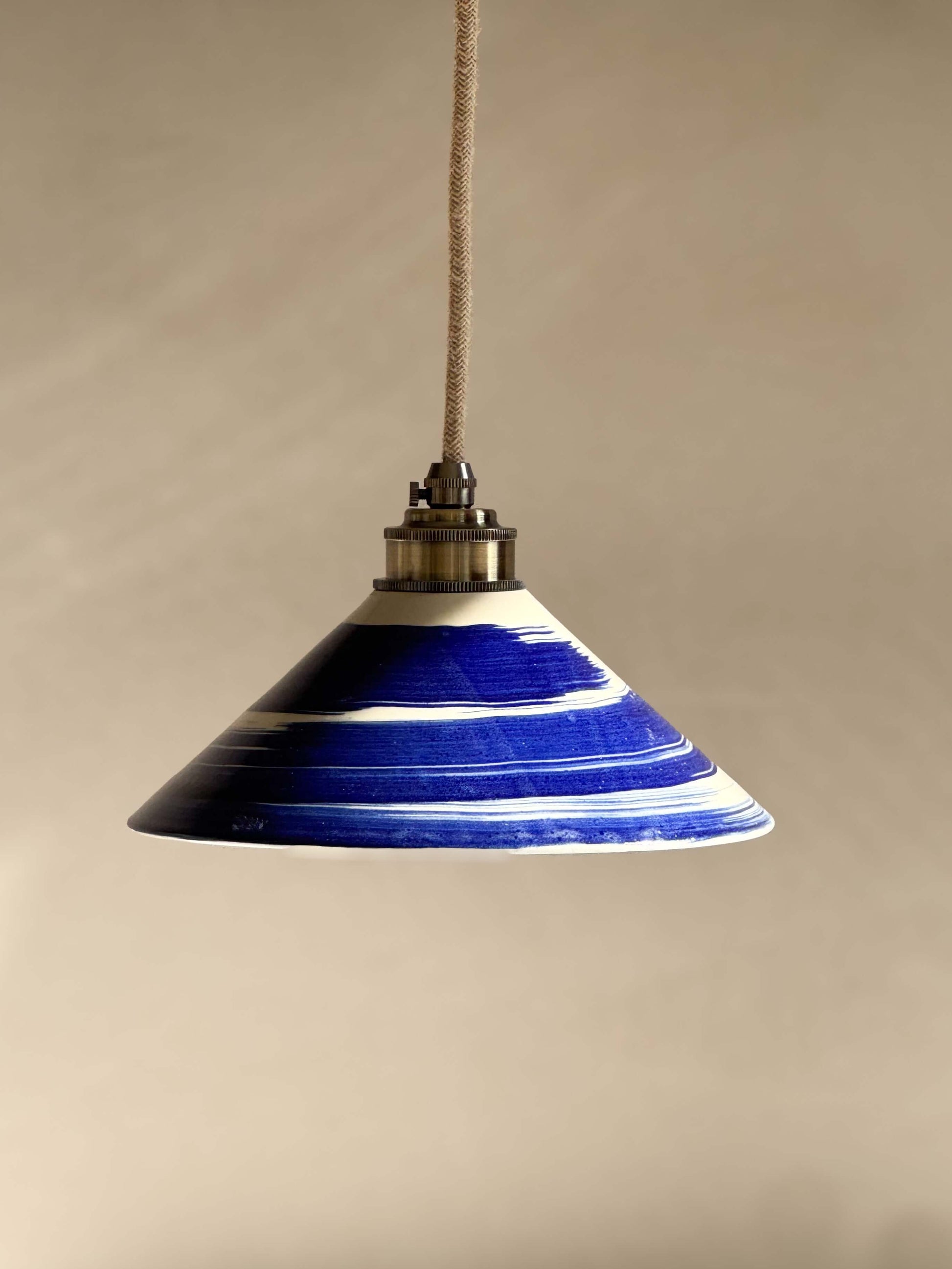 Handmade Ceramic Lamp Shade – Gosu #07 with cobalt blue accents, crafted on a wheel with glossy finish.