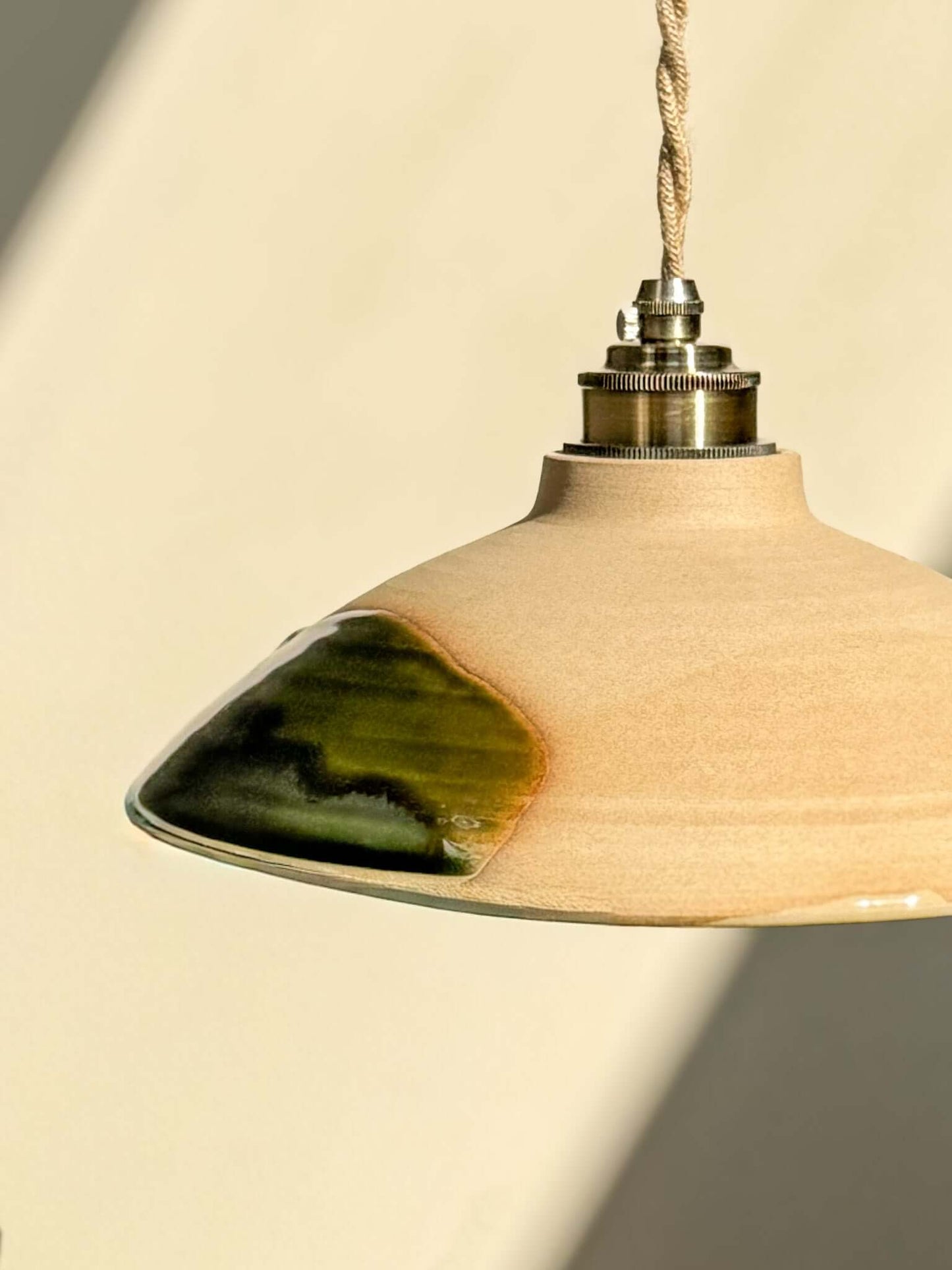 Ceramic Lamp Shade – Mori #02 Custom Order with forest green glaze and natural tones, showcasing raw clay beauty in a simple design