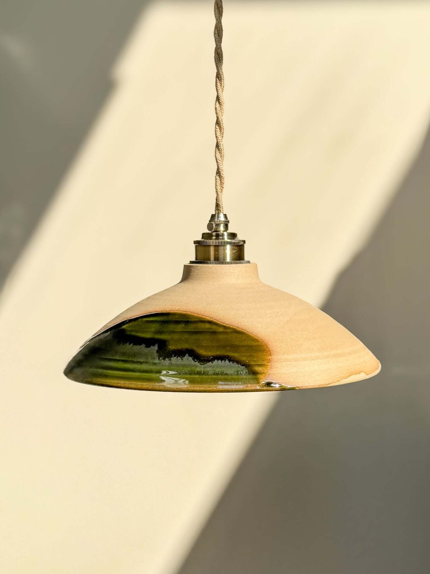 Ceramic Lamp Shade – Mori #02 Custom Order in natural tones with forest green glaze, showcasing organic, tactile design.