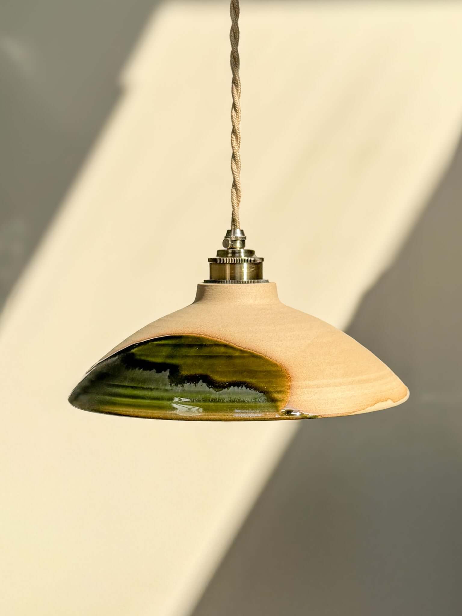 Ceramic Lamp Shade – Mori #02 Custom Order in natural tones with forest green glaze, showcasing organic, tactile design.