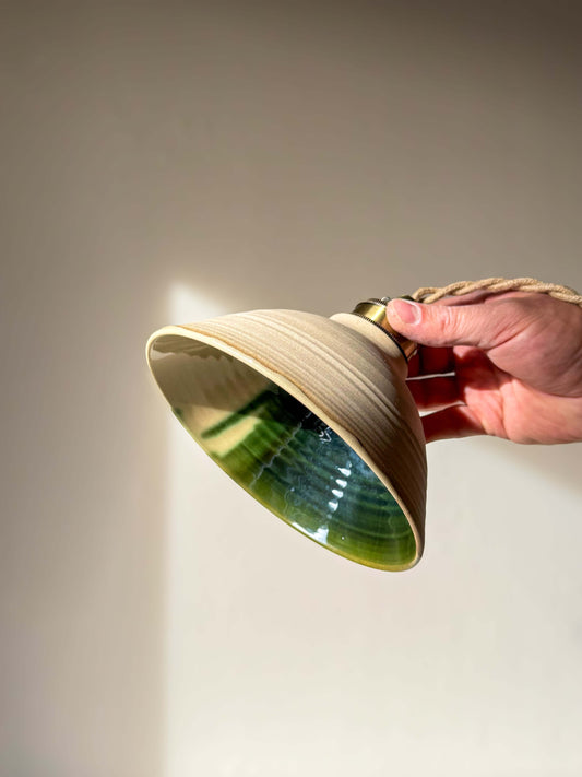 Handmade Ceramic Lamp Shade – Mori #01 with forest green glaze, showcasing organic design and natural tones.