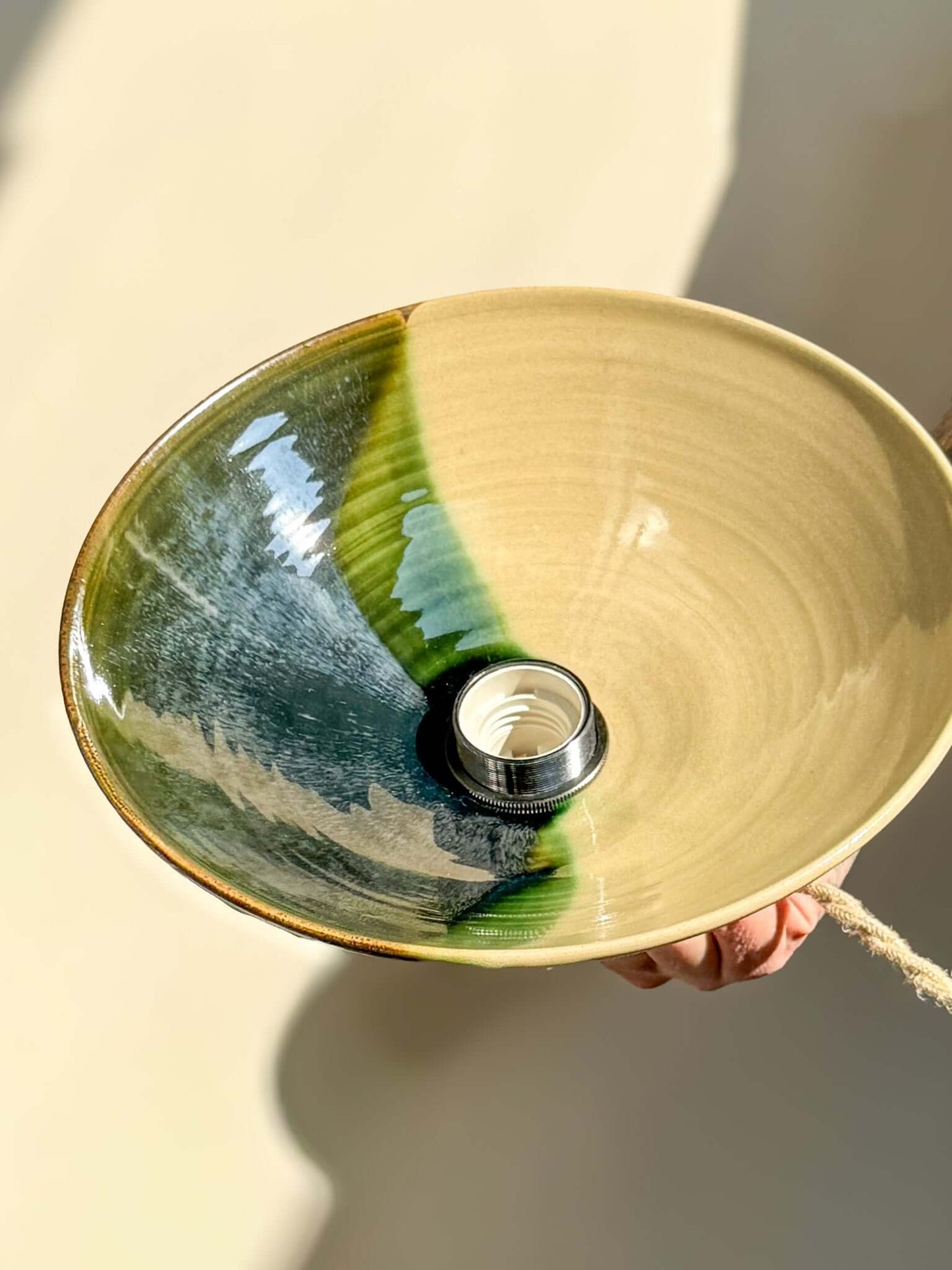 Ceramic Lamp Shade – Mori #02 Custom Order with glossy forest green glaze and raw clay texture, ideal for organic home decor.