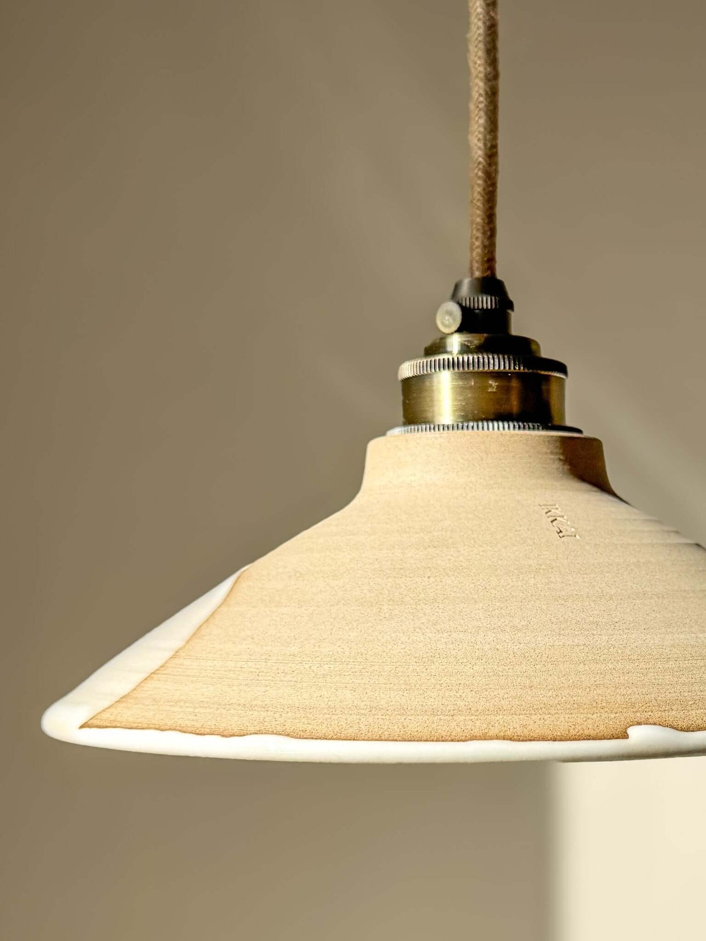 Lamp Shade – Yuki #02 - Custom order with soft snowy tones and warm clay color featuring a glossy white glaze inside and creamy rim.