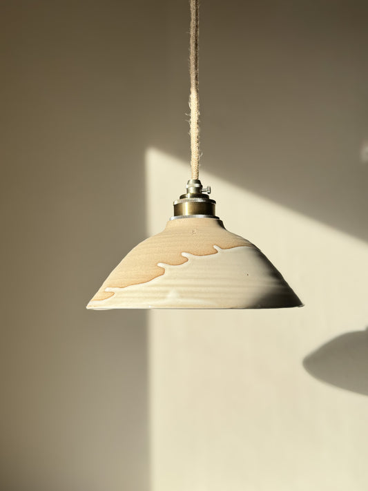 Ceramic Lamp Shade – Yuki #02 with glossy white glaze and warm raw clay design, featuring a creamy drip and organic slanted profile.