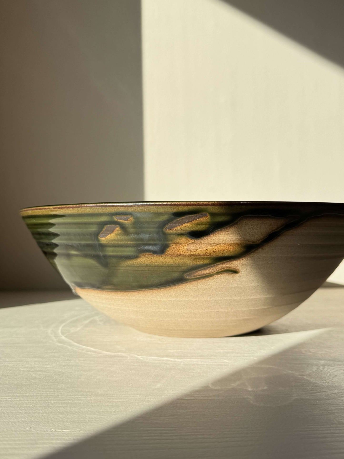 Large Bowl - Mori #02 handmade ceramic with green glaze, featuring unique swirling patterns and deep form perfect for serving.