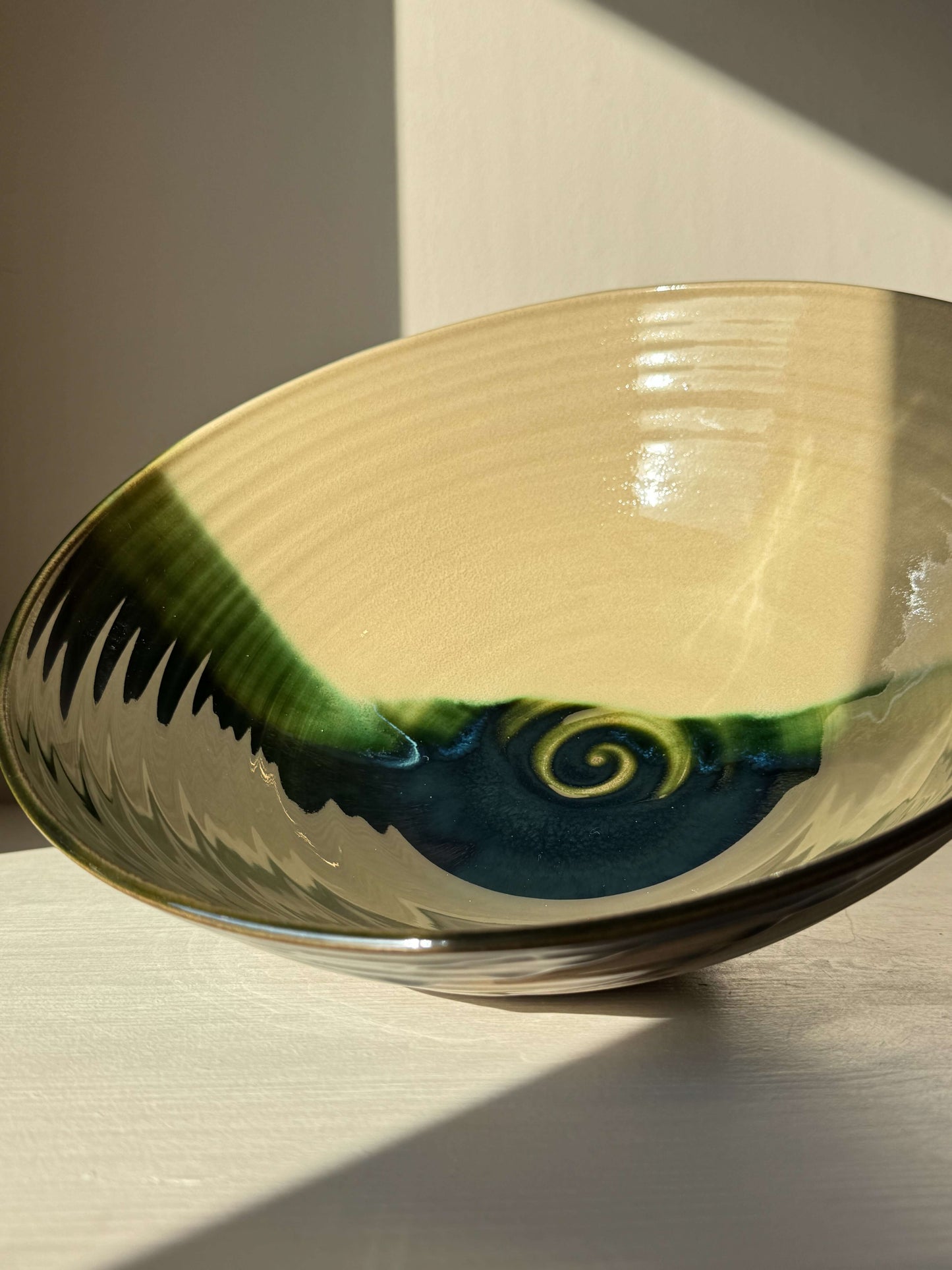 Large Bowl - Mori #02 handmade ceramic with glossy green glaze, featuring swirling emerald and mossy hues, perfect for serving.