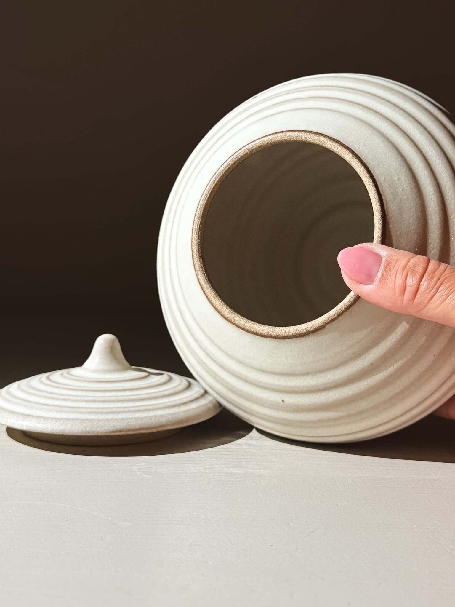 Handmade ceramic Lidded Jar - Eggshell #01 with lid removed, showcasing artisanal pottery craftsmanship.