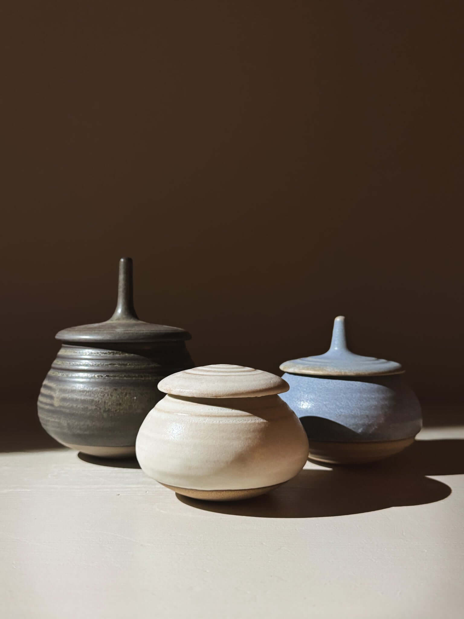 Handmade ceramic Lidded Jar - Eggshell #04 with two pottery companions in natural light.