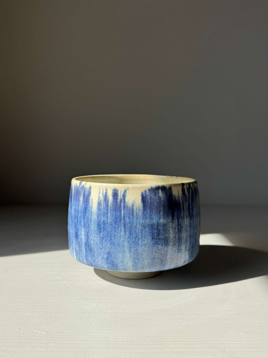 Handmade ceramic Matcha bowl - Cobalt Blue & Moonstone Glaze #06 with deep blue and moonstone glaze, small crack on bottom, artisanal design.