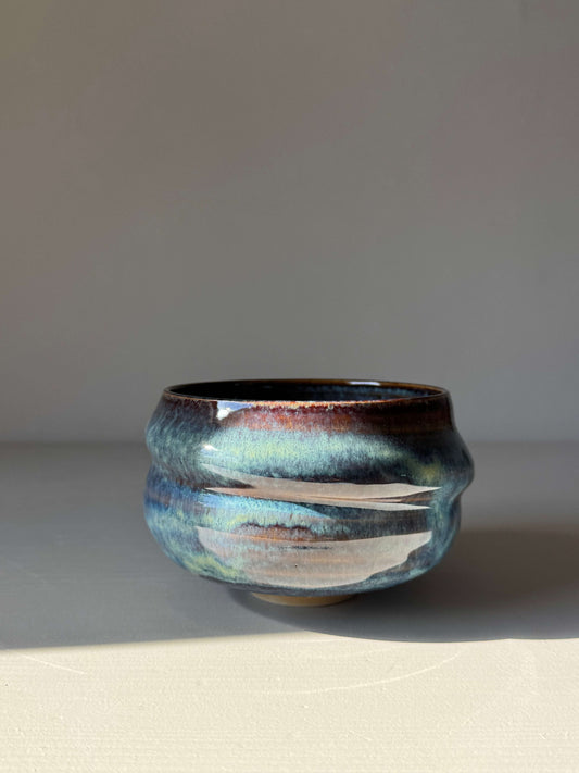 Matcha Bowl - Glossy Blue #02, handmade ceramic with earthy tones and flowing blues, approximate size 7.5cm height x 11cm diameter.