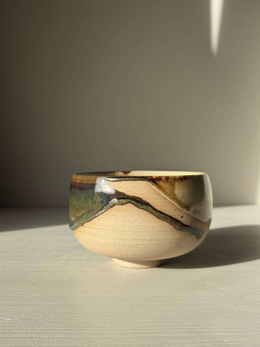 Handmade ceramic Matcha Bowl – Inyo #04 featuring tenmoku and clear glazes on stoneware clay, wheel-thrown and glazed by hand.