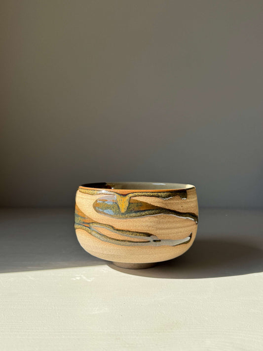 Matcha Bowl – Inyo Series #03, handmade ceramic with unique tenmoku and clear glazes on warm stoneware, wheel-thrown design.