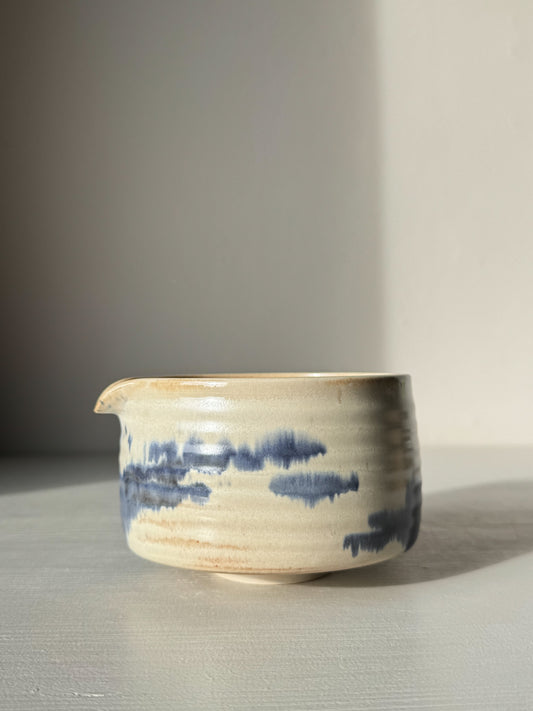 Matcha bowl Spout - Moonstone & Blue #03 with deep cobalt glaze and moonstone layer, perfect for a calming tea experience.
