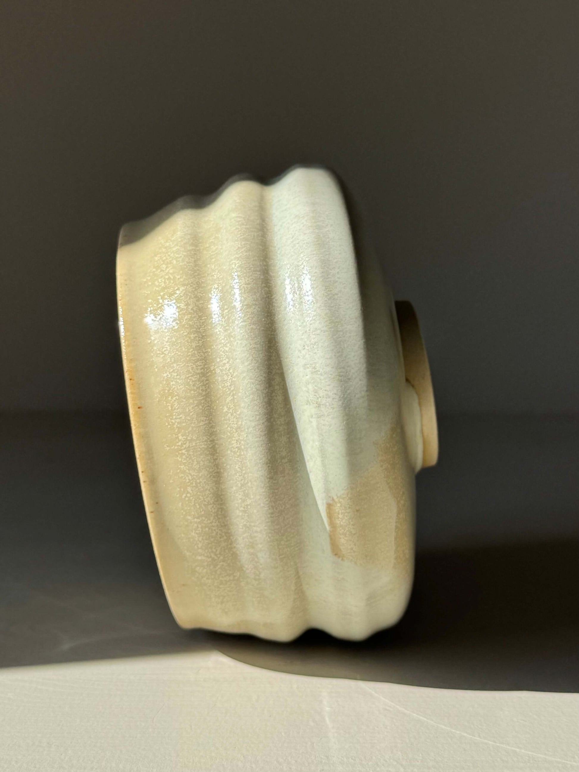Matcha Bowl – Moonstone Glaze with spout, handmade ceramic, side view showing ridged shape and silky finish, perfect for whisking matcha.